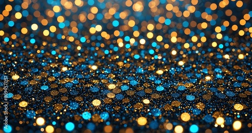 Background of abstract glitter lights. Blue, gold and black. De focused. Banner