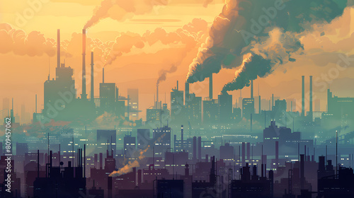 A factory emitting CO2 into the atmosphere  exacerbating the effects of global warming.Cityscape transformed by the impacts of climate change.A factory themes of global warming  pollution  sustainabe.
