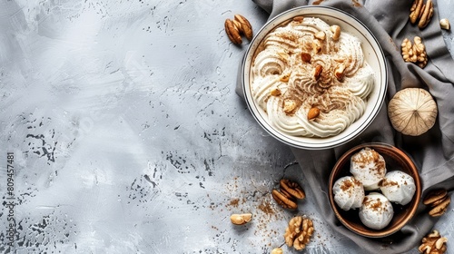  A gray backdrop holds a bowl brimming with whipped cream Surrounding it are scattered nuts, while a gray napkin lies nearby A separate bowl of walnuts is