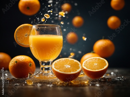 Refreshing orange juice in the premium glass  studio lighting and background  cinematic photography 