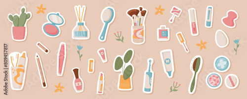 Trendy organic makeup cosmetic product label pack, isolated skincare oil bottles sticker collection and flat beauty lotion tube, colorful antiaging face care label set with brush, lotion and mirror.