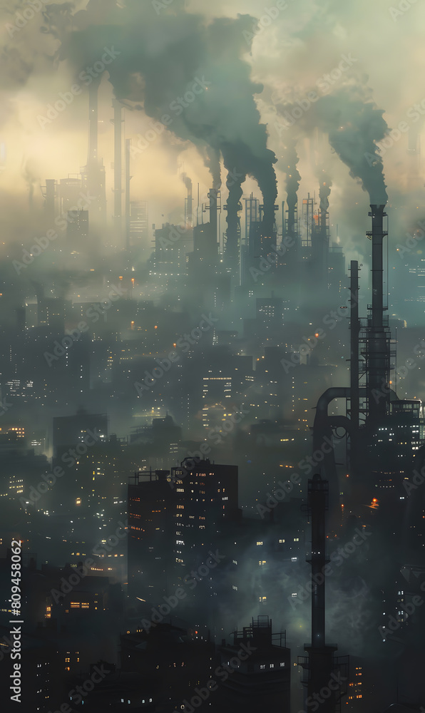 Obraz premium A factory emitting CO2 into the atmosphere, exacerbating the effects of global warming.Cityscape transformed by the impacts of climate change.A factory themes of global warming, pollution, sustainabe.
