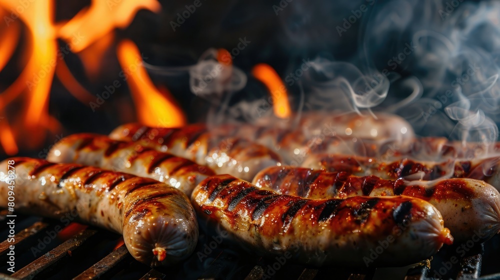Close Up photo of grilled sausages on grill with smoke and flame on dark background Close Up photo of grilled sausages on grill with smoke and flame on dark background
