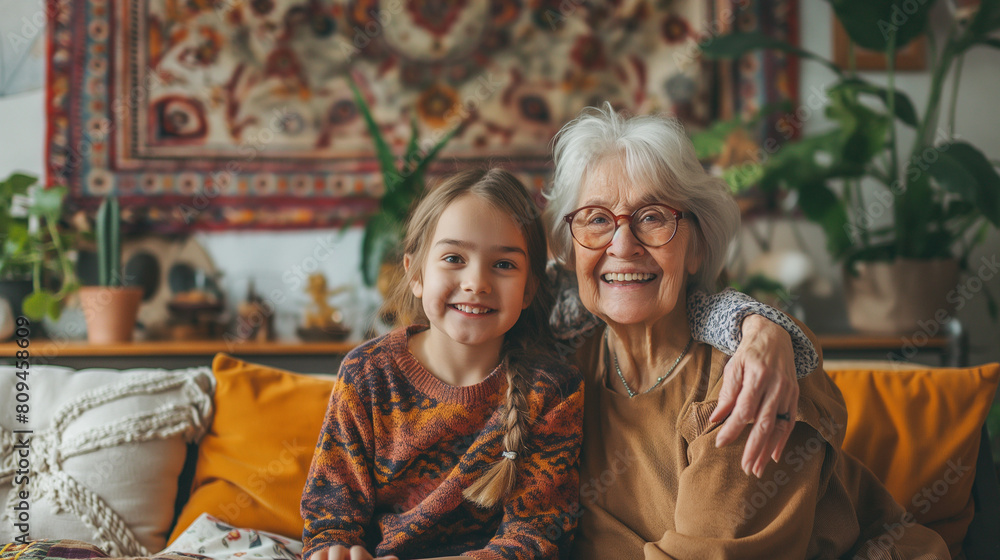 grandmother and her granddaughter smiling, in a living room