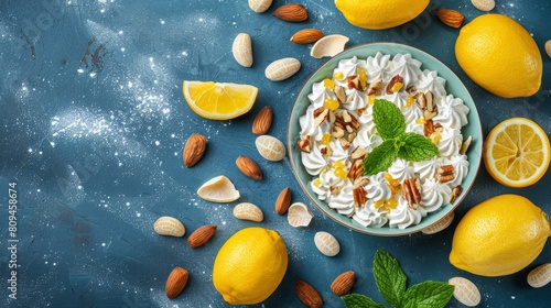  A bowl of pasta on a blue surface, topped with nuts, sliced lemons, and fresh mint Surrounding the dish are additional nuts and lemons (3