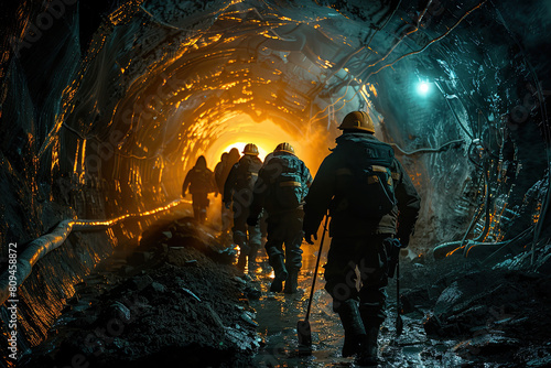 A group of heavy military and men in space suits walking through the entrance to an underground mine, illuminated by firelight from torches. Created with Ai 