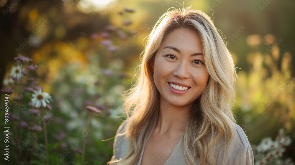 A beautiful 30 year old smiling Asian woman from the 70s with blonde hair and blue eyes looking straight in the camera A beautiful 30 year old smiling Asian woman from the 70s with blonde hair and blue eyes looking straight in the camera