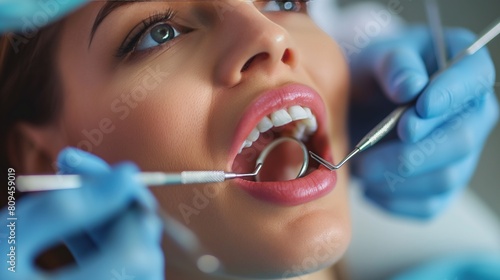Dentist examining teeth of Indian woman patient. Dentist consultation, perfect beauty smile and healthy teeth