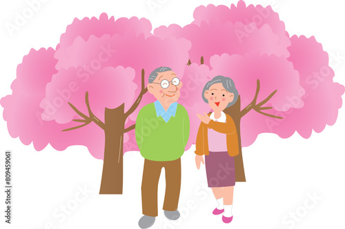 桜を見ながら散歩する高齢夫婦
