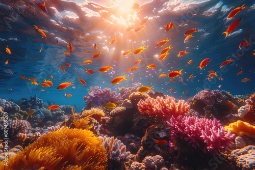 Coral reef and fishes with beautiful sunrays. Created with Ai