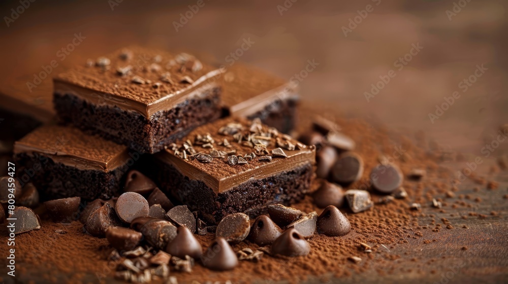 A stack of chocolate brownies atop a heap of cake chunks, beside piled-up chocolate chips A stack of chocolate brownies atop a heap of cake chunks, beside piled-up chocolate chips