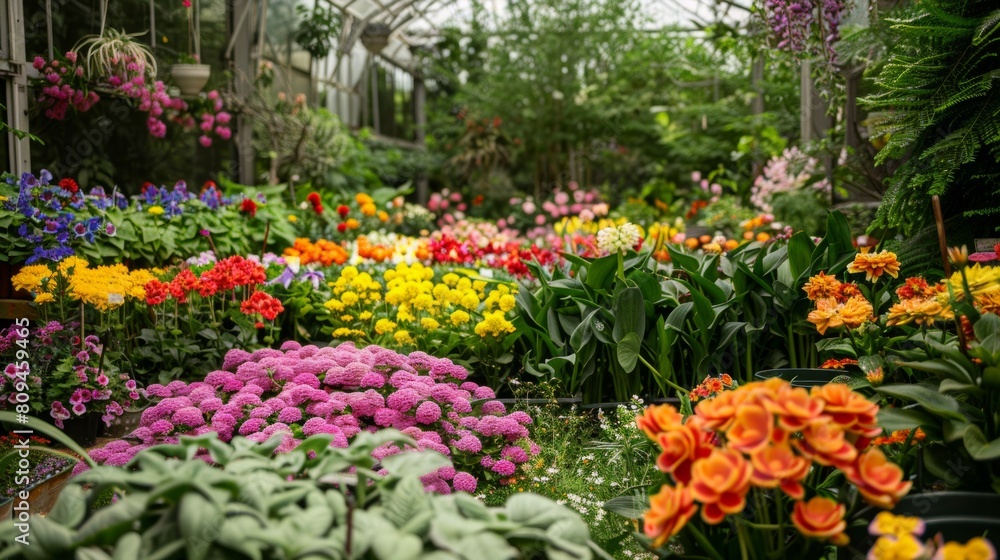 Lush greenhouse garden with blooming flowers Lush greenhouse garden with blooming flowers