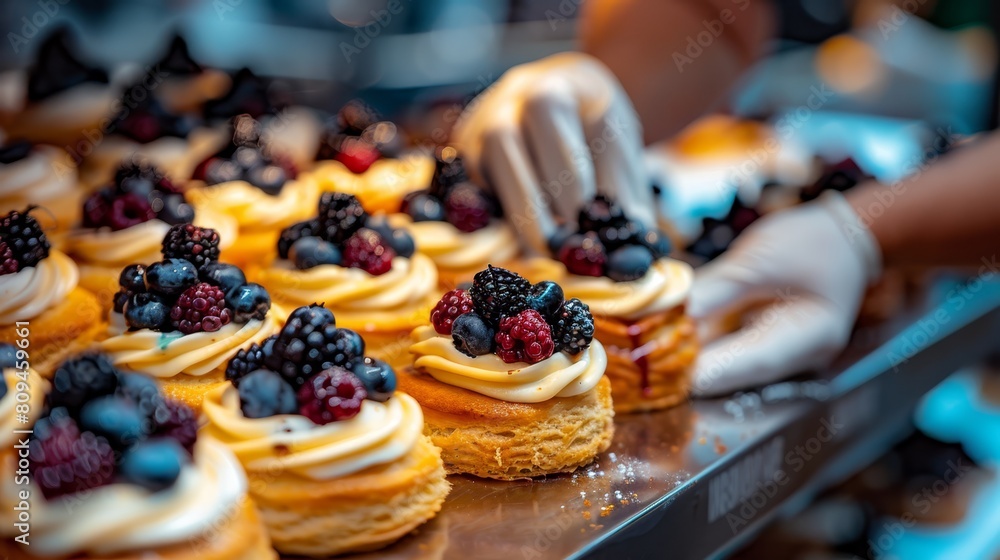   Close-up of a tray filled with pastries topped with juicy berries Hand extends, poised to pick one