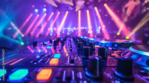 A dynamic, highenergy photograph of a dance floor with neon lights and DJ in action, capturing movement and excitement, perfect for club promotions or music festival posters photo