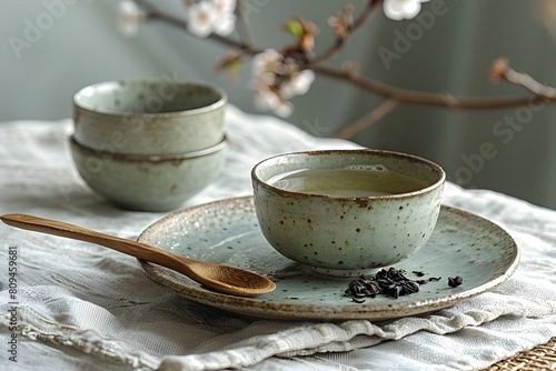 Artisanal Ceramic Tableware with Carved Wooden Spoon on Linen Covered Table in Natural Light photo