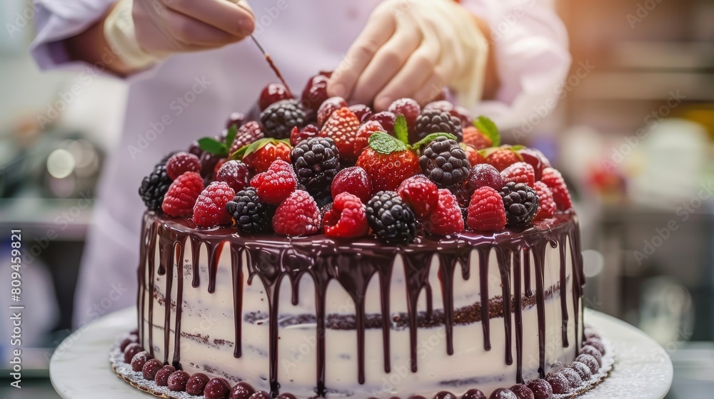 A tight shot of an individual adorning a cake with raspberries, topped with more for garnish A tight shot of an individual adorning a cake with raspberries, topped with more for garnish