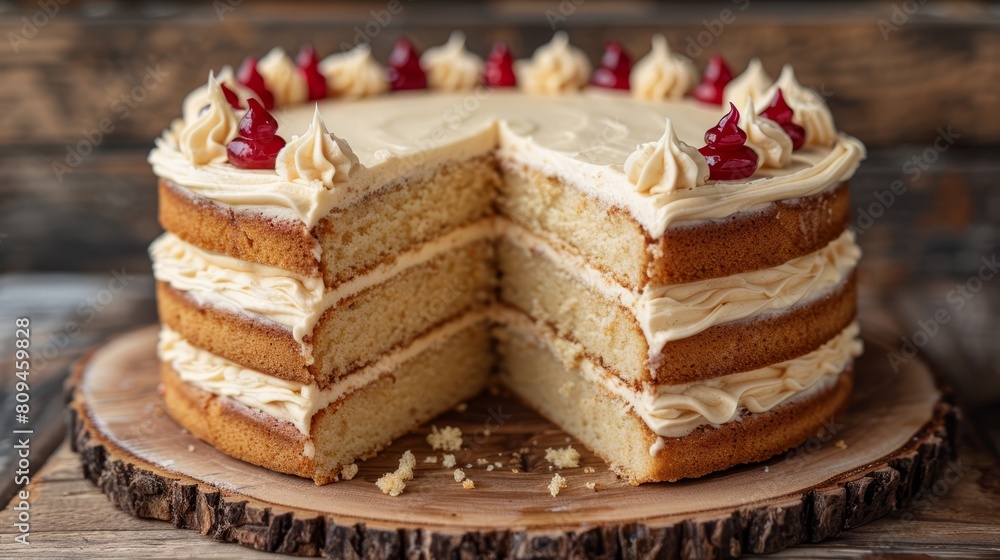 A cake with a missing slice on a wooden platter – one slice is absent A cake with a missing slice on a wooden platter – one slice is absent