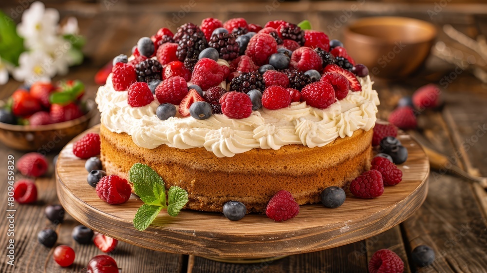 A cake with berries atop, cream frosting, and a wooden platter as its base Berries and mint leaves adjacent A cake with berries atop, cream frosting, and a wooden platter as its base Berries and mint leaves adjacent