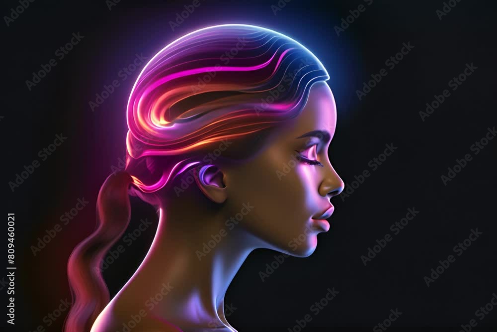 Profile of beautiful woman with black hair, adorned with neon colorful light on her head, against black backdrop Profile of beautiful woman with black hair, adorned with neon colorful light on her head, against black backdrop