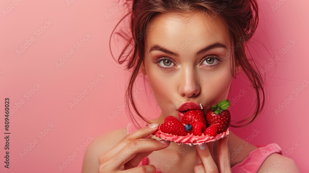 A woman holds a plate of strawberries in front of her, one berry poised at her lips A woman holds a plate of strawberries in front of her, one berry poised at her lips