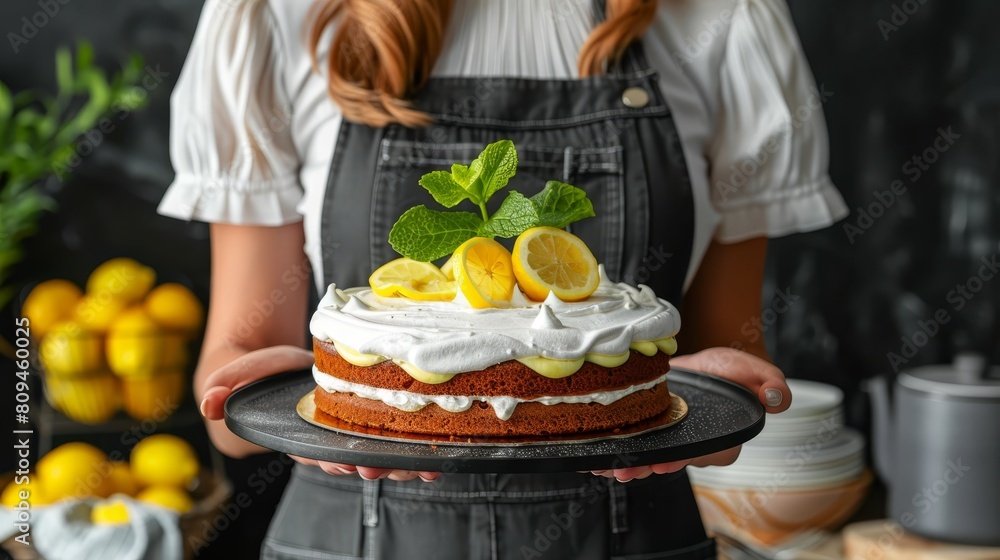 the top is adorned with lemons; a single green leaf crowns it the top is adorned with lemons; a single green leaf crowns it