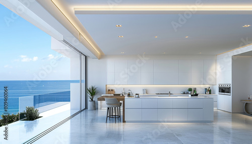 A large, open kitchen with a view of the ocean by AI generated image © chartchai