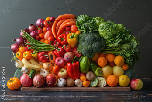 Various types of fruits and vegetables on table. Created with Ai