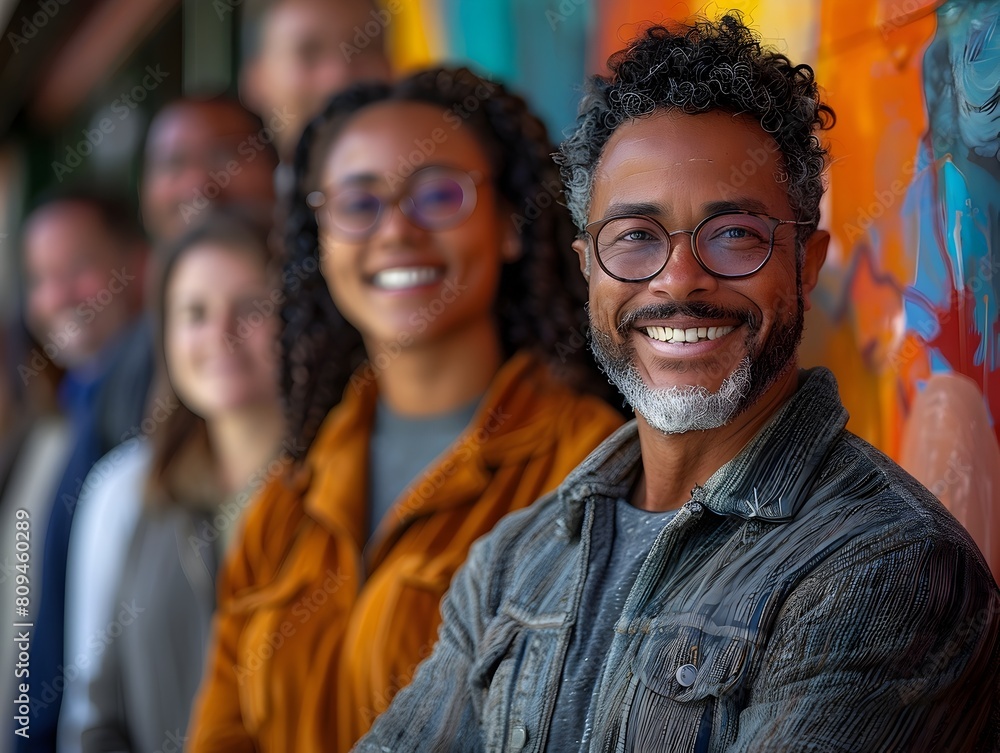Diverse Professional Colleagues Smiling Together in Colorful Studio Setting Diverse Professional Colleagues Smiling Together in Colorful Studio Setting