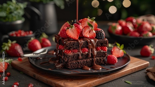   A chocolate cake slice topped with strawberries and drizzled chocolate on a wooden cutting board