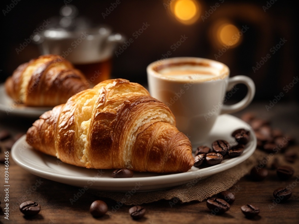 Yummy French croissant with a cup of Americano coffee, cinematic drink food photography 
