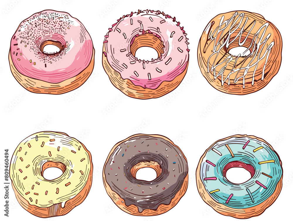 Fototapeta premium Handdrawn set donuts various toppings colors. Delicious pastry treats cartoon style dessert menu bakery items. Sweet frosted doughnut vector illustrations colorful bakery products isolated white
