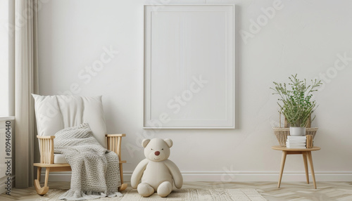 Fototapeta Naklejka Na Ścianę i Meble -  A white nursery with a crib, a teddy bear, and a basket by AI generated image