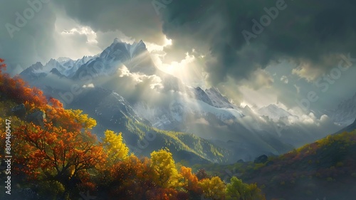  Sunlight breaking through storm clouds, illuminating a majestic mountain range cloaked in vibrant autumn foliage. . 