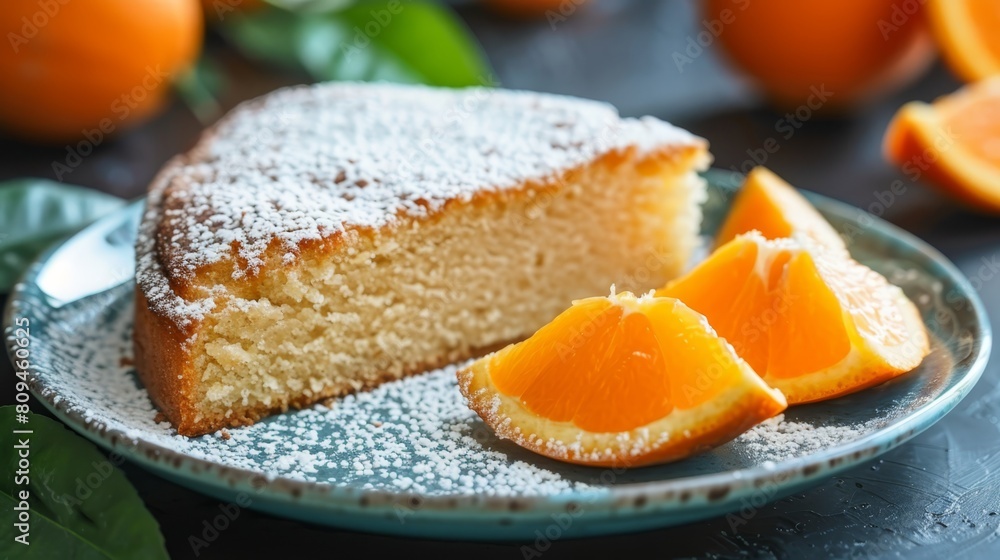 A cake sits atop a plate, dusted with powdered sugar Oranges are sliced beside it A cake sits atop a plate, dusted with powdered sugar Oranges are sliced beside it