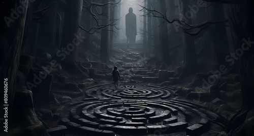foggy labyrinth with black and grey stone walls photo