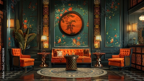 Art  interior with patterned wallpaper and furniture. Folktale Inspiration. illustration