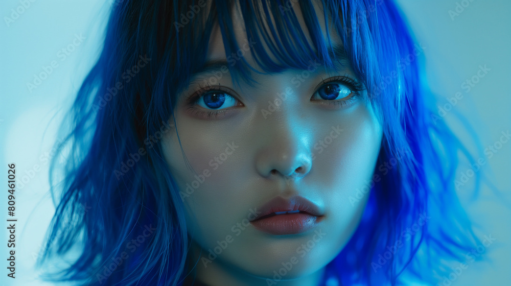 Y2K style, hairstyle is blue wolfcut Y2K style, hairstyle is blue wolfcut