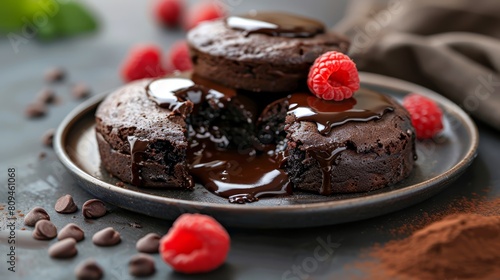   A chocolate cake topped with raspberries sits on a plate Nearby, both chocolate chips and fresh raspberries are arranged as accompaniments photo