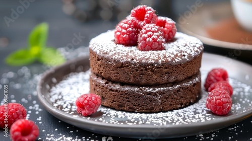  A chocolate cake topped with powdered sugar and raspberries sits on a plate In the background  a steaming mug of coffee is present