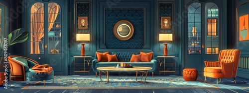 Art  interior with patterned wallpaper and furniture. Folktale Inspiration. illustration photo