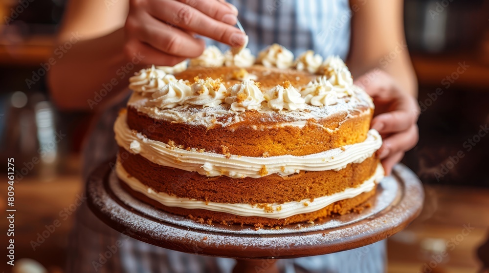A person tightly grips a wooden platter bearing a cake smeared with frosting, while others are faintly visible in the background A person tightly grips a wooden platter bearing a cake smeared with frosting, while others are faintly visible in the background