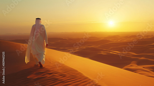 Arab man walks alone in the desert and watches the sunset.
