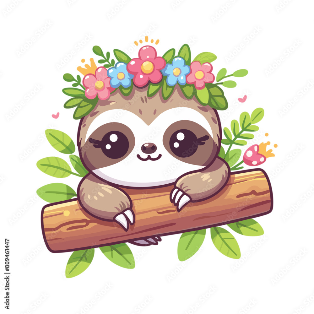Naklejka premium cute sloth cartoon on tree branch with flower crown cartoon vector icon illustration