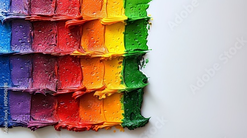   A multicolored wall hanging, hung against a white backdrop, bears hues of the rainbow and additional red, yellow, green, blue, orange, and purple tints, photo