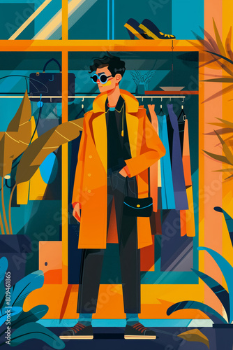 Flat vector graphic of a modern character shopping in a trendy boutique vibrant colors