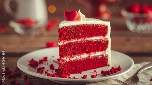   A red velvet cake slice topped with white frosting and a heart-shaped red velvet cake piece on a plate