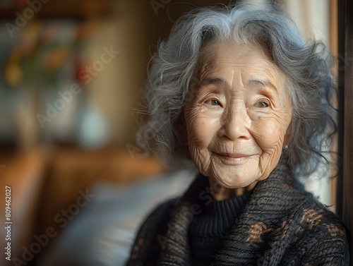 Warm and Inviting Elderly Asian Woman Portrait Showcasing Lifetime of Wisdom and Graceful Maturity