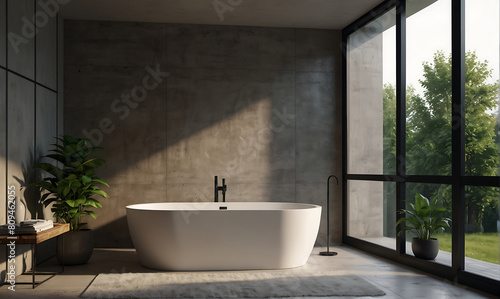 modern bathroom interior with white marble walls  wooden floor and comfortable white bathtub standing near window with tropical view