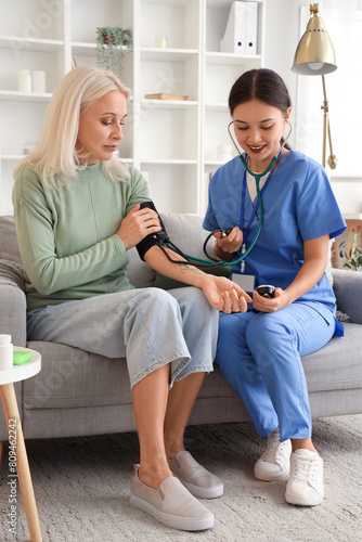 Female doctor measuring blo...