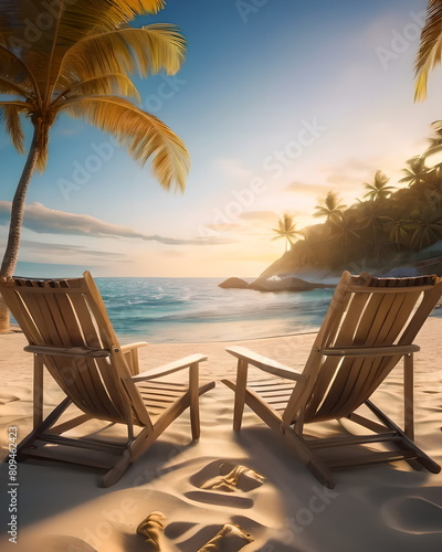 Beach chairs on a tropical beach at sunset.